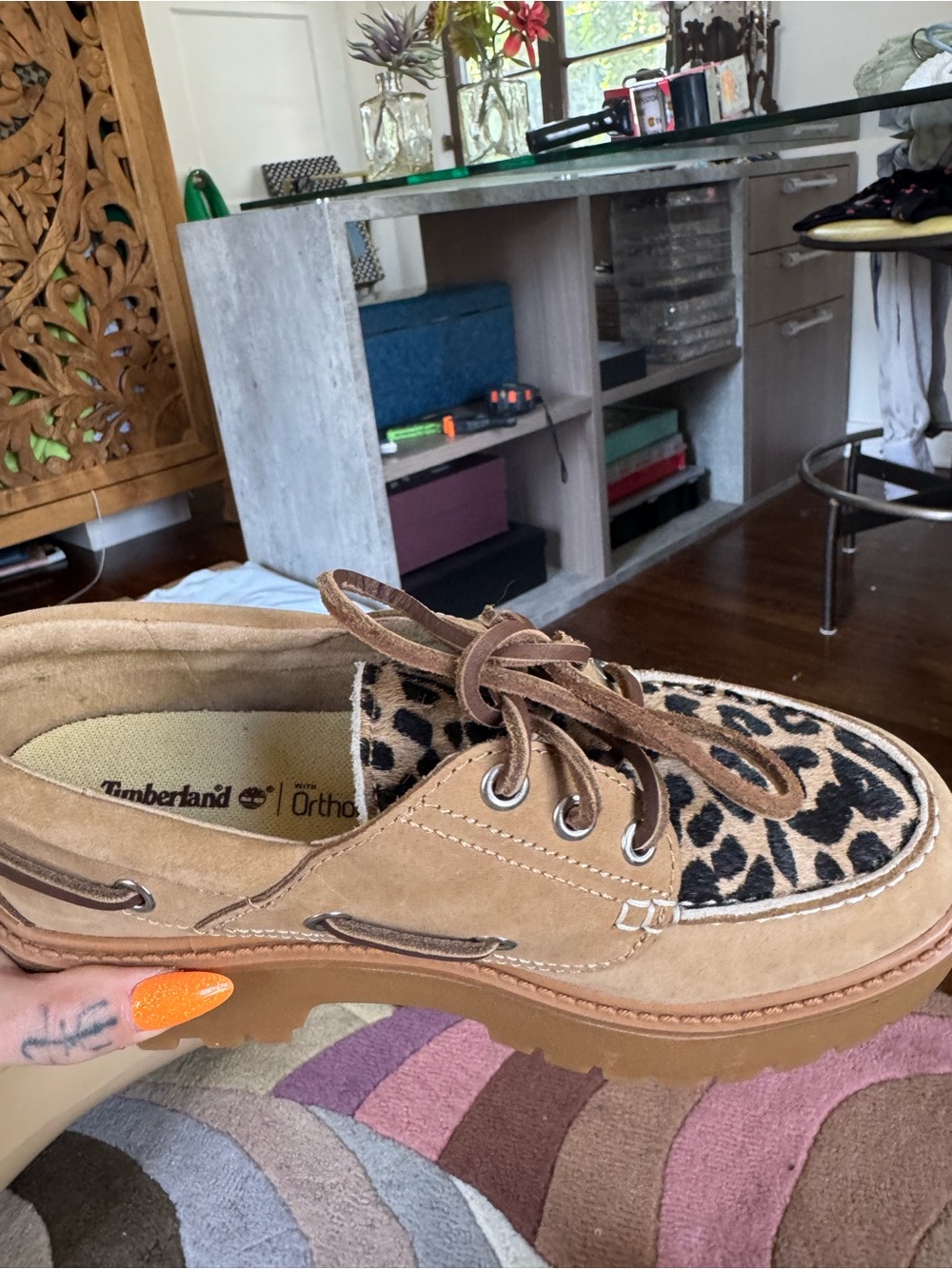 Timberland Tan Suede Boat Shoes with Leopard Print Vamp size 7 - Picture 8 of 12